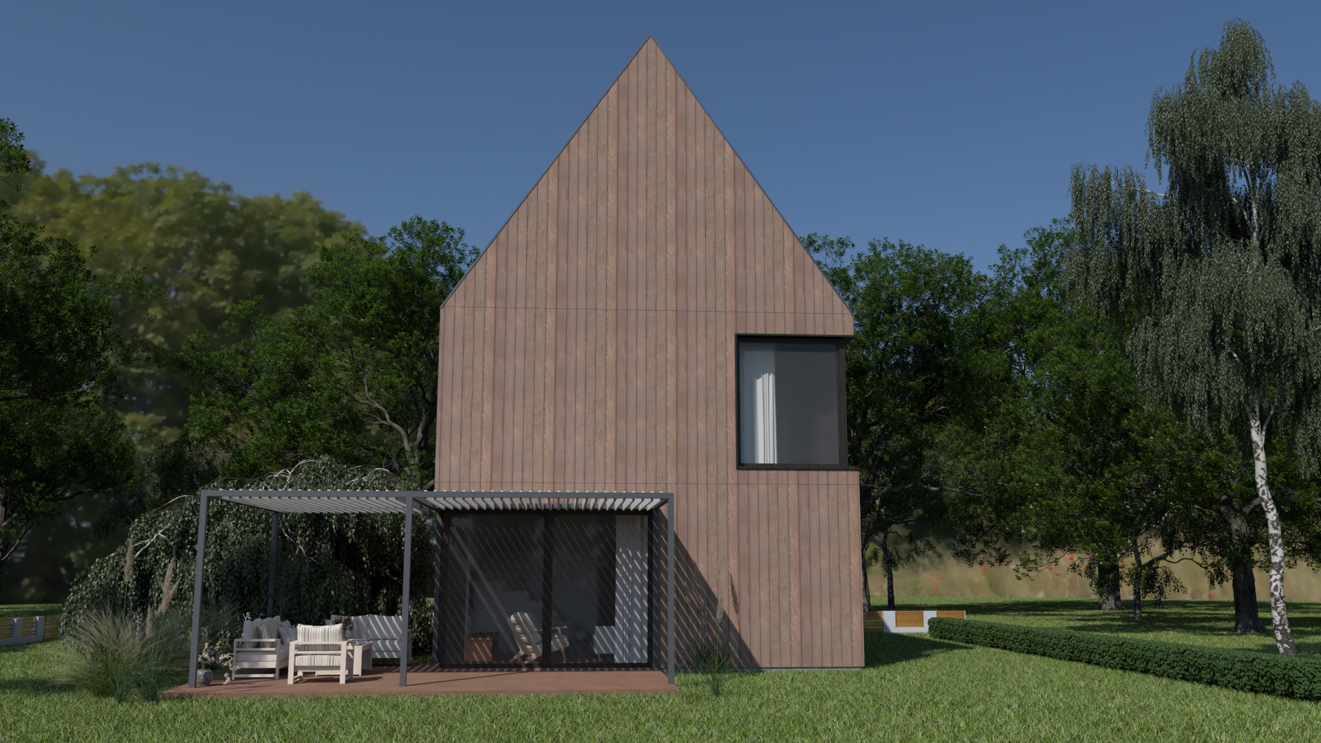 Widok na słoneczny taras małego domu jednorodzinnego. Elewacja pokryta deską elewacyjną.