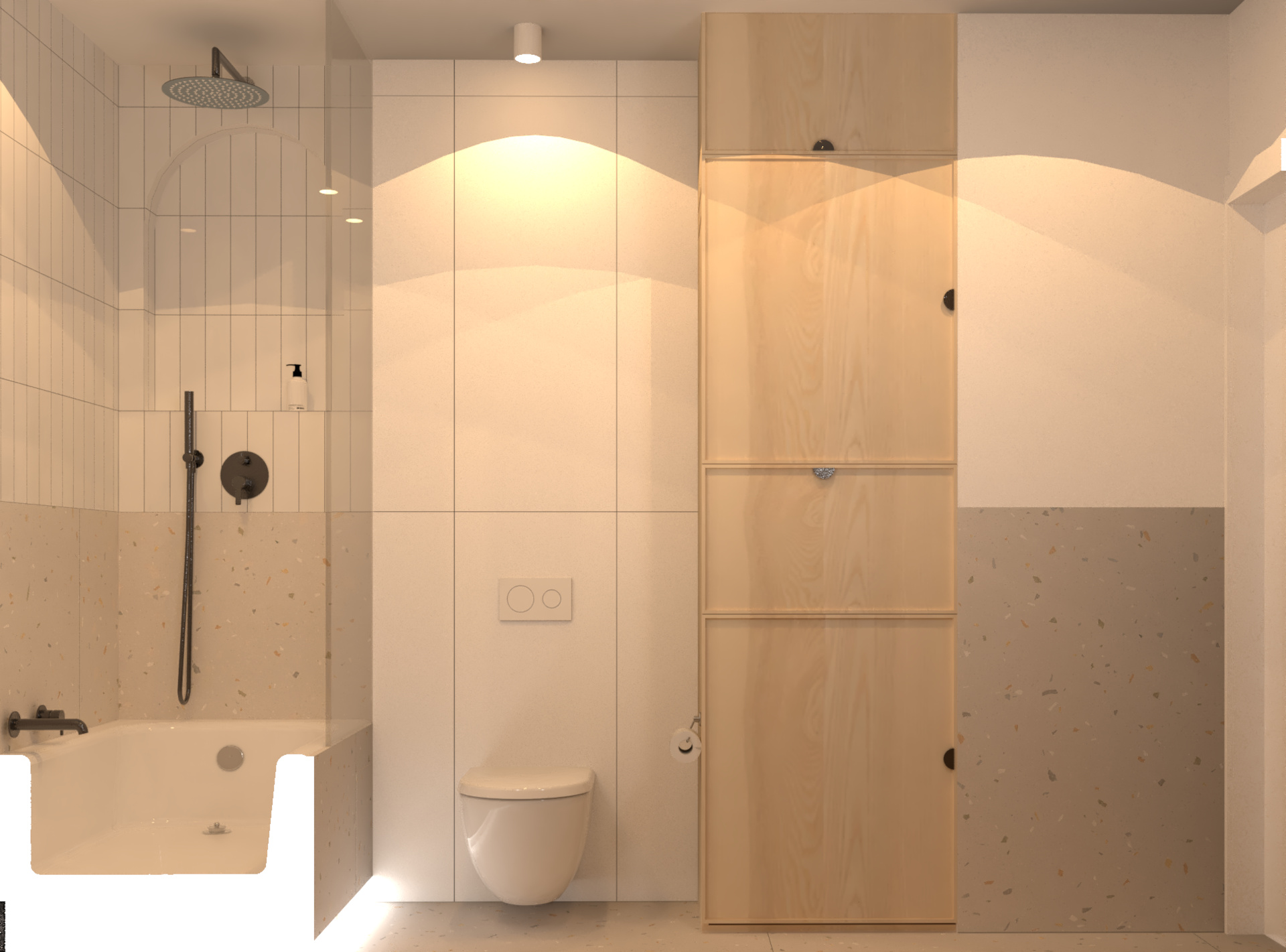 Jasna łazienka, ściany pokryte płytką we wzorze lastryko. Białe i drewniane fronty meblowe.