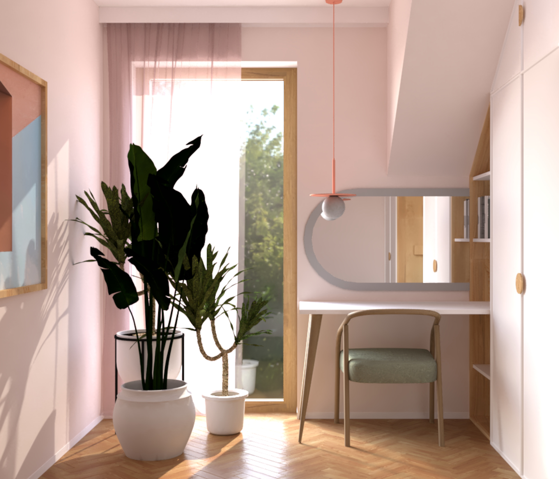 Kącik z biurkiem, krzesłem, roślinami, lustrem i lampą, z widokiem na zewnątrz przez okno.