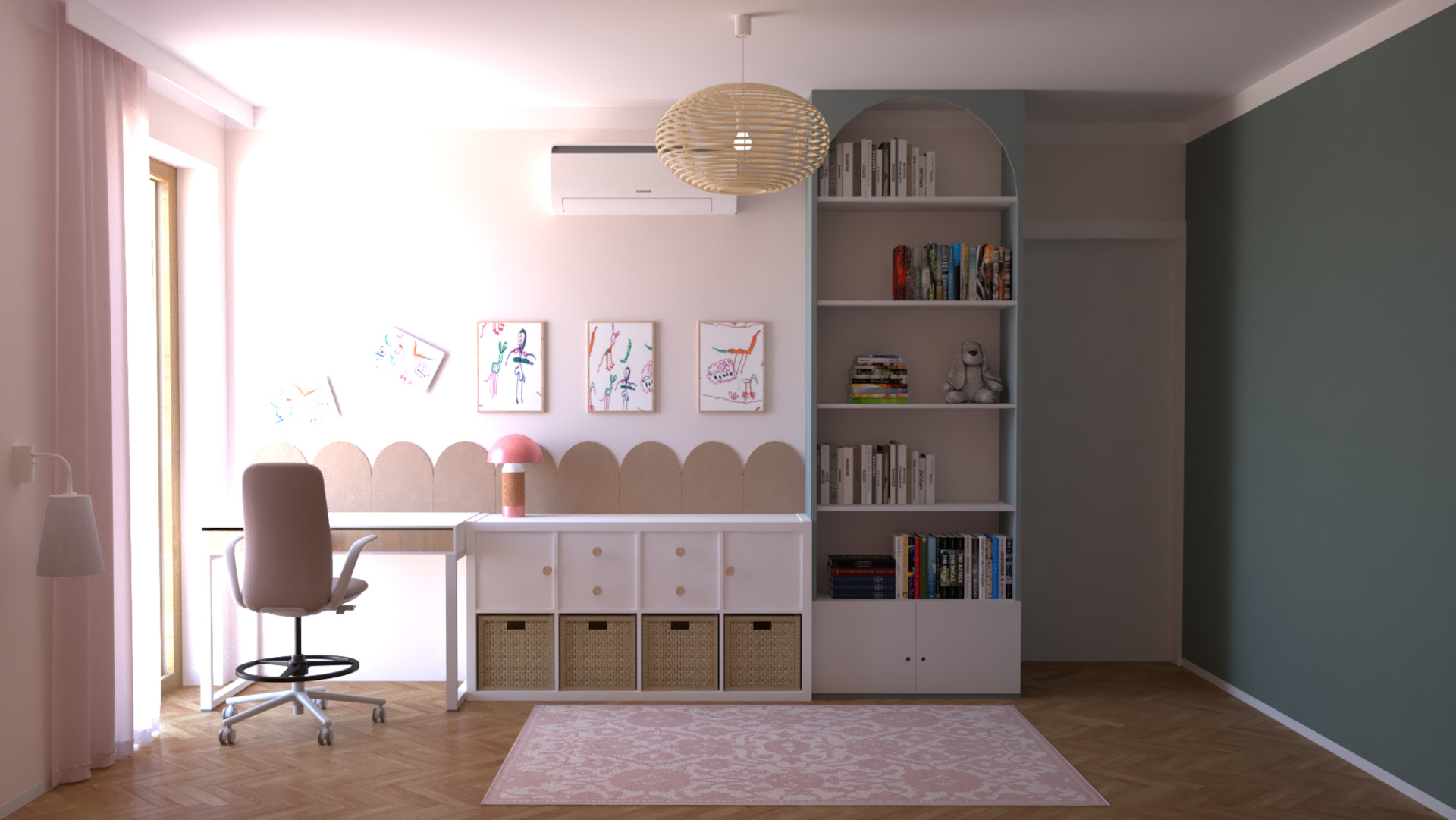 Pok&oacute;j dziecka z biurkiem, regałem, ścianą magnetyczą w pastelowych kolorach, utrzymany w przytulnym stylu.