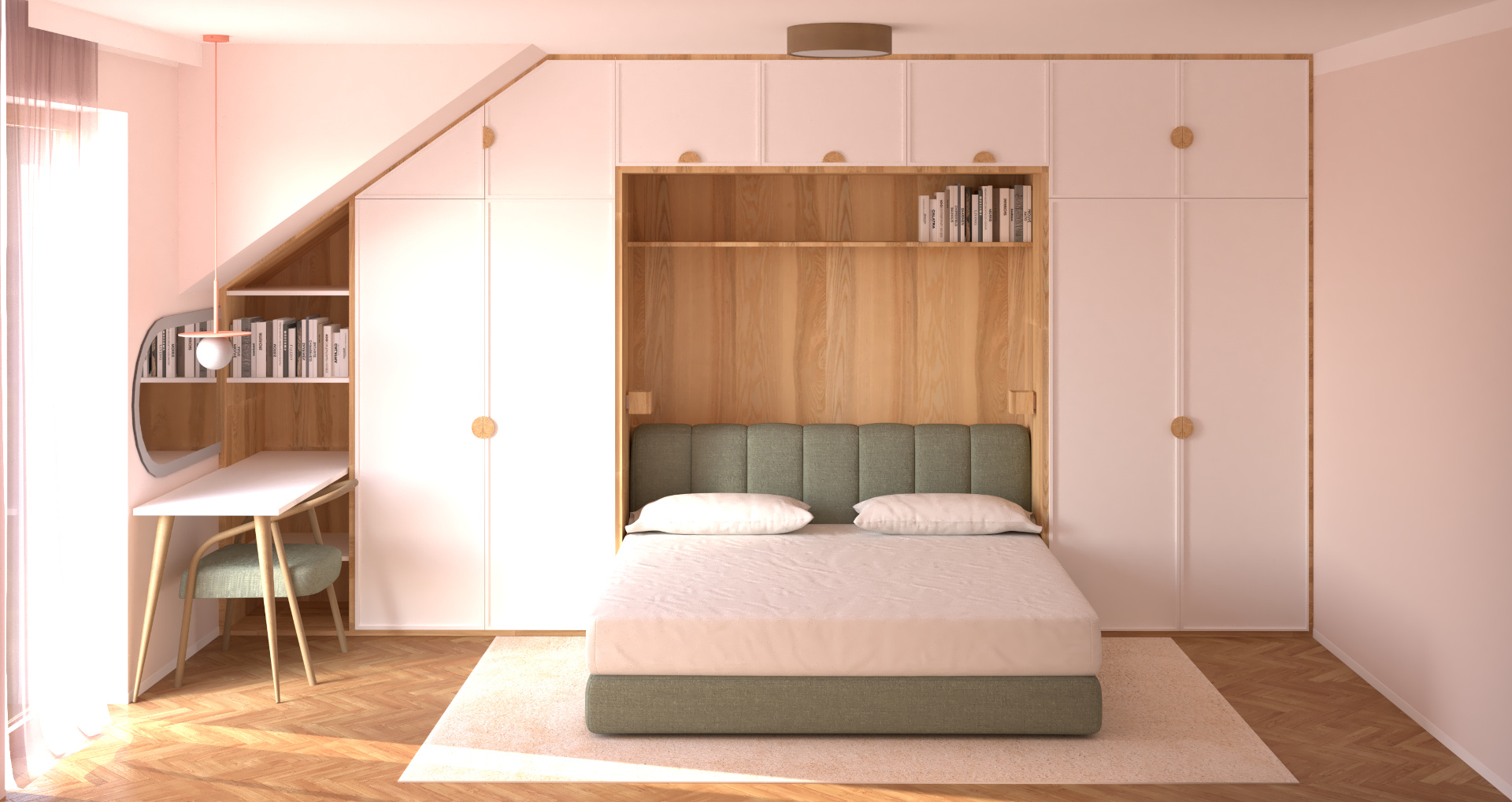 Przytulna sypialnia z zabudową meblową i toaletką, w kolorach bieli i szałwii z drewnianymi elementami.