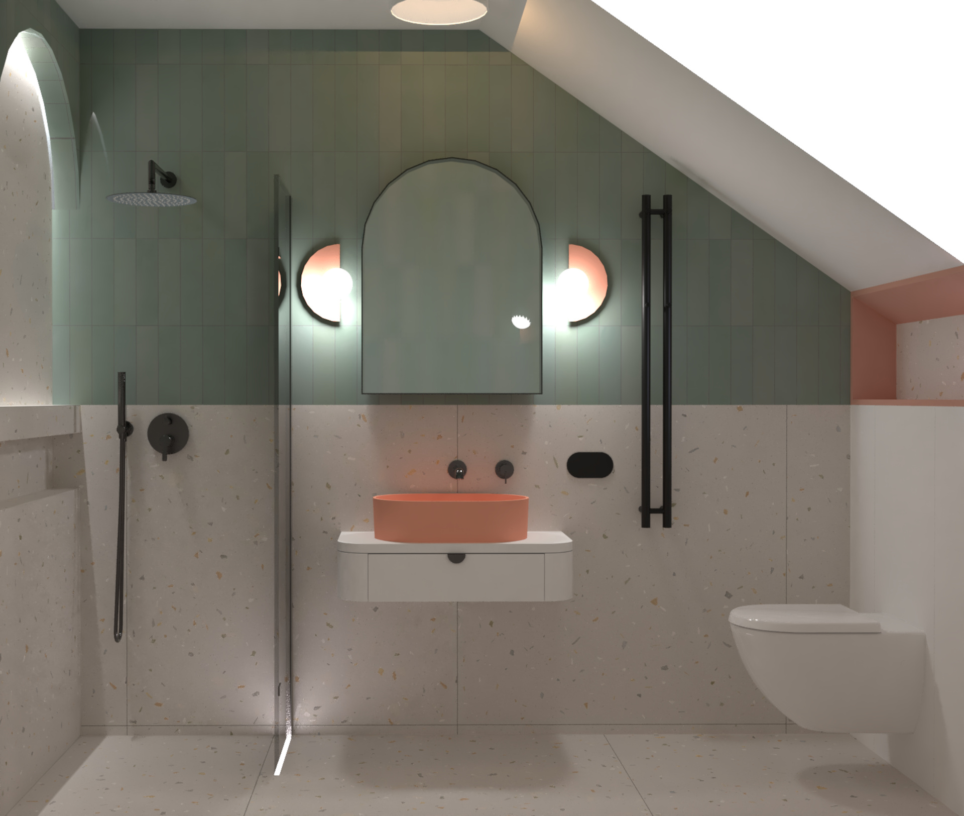 Nowoczesna łazienka ze skośnym sufitem, prysznicem, umywalką na zaokrąglonym blacie, w kolorach brzoskwini i zieleni.