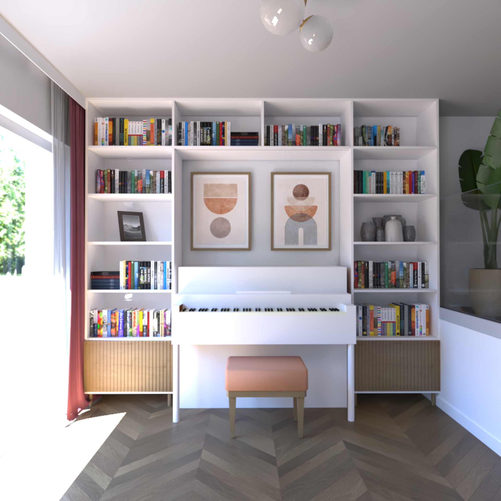 Salon z białą biblioteczką z ryflowanymi frontami, białym pianinem i abstrakcyjną sztuką.