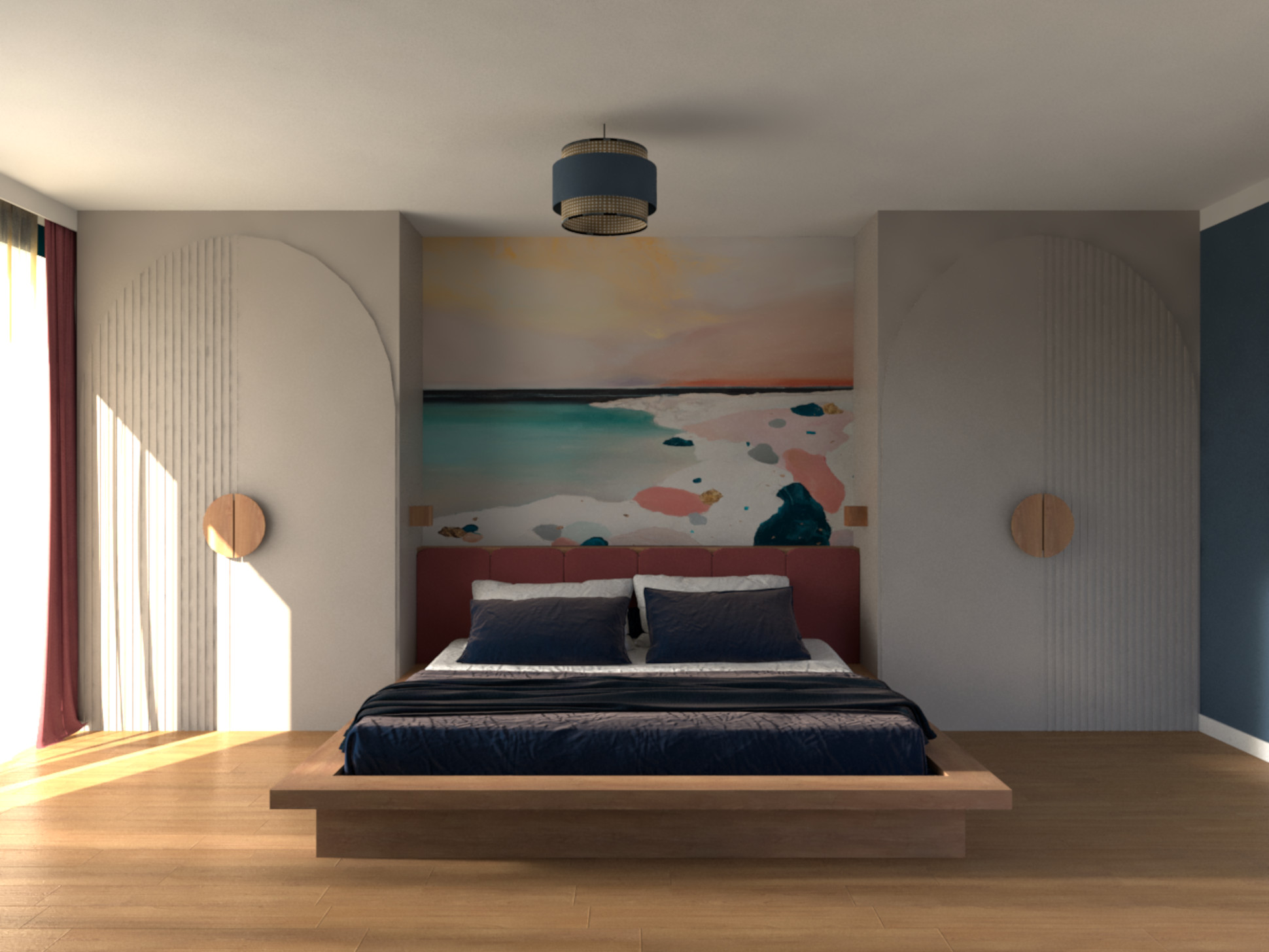 Nowoczesna sypialnia z ł&oacute;żkiem, malarskim muralem, drewnianą podłogą i minimalistycznym oświetleniem.