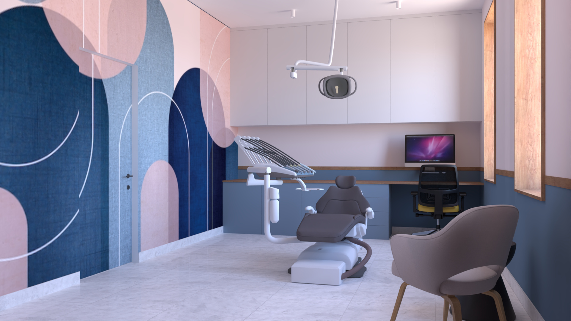 Nowoczesny gabinet dentystyczny utrzymany w niebieskich tonacjach z kolorową tapetą i drewnianymi elementami wystroju.