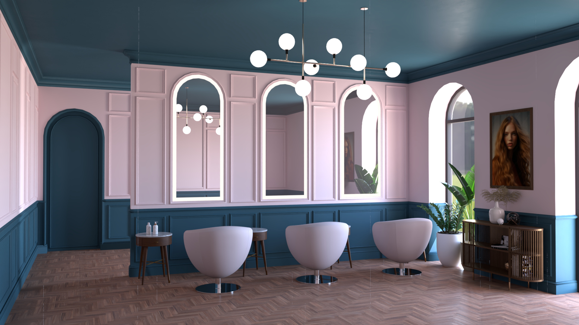 Elegancki salon fryzjerski ze sztukaterią, lamperia i sufit w kolorze navy blue.