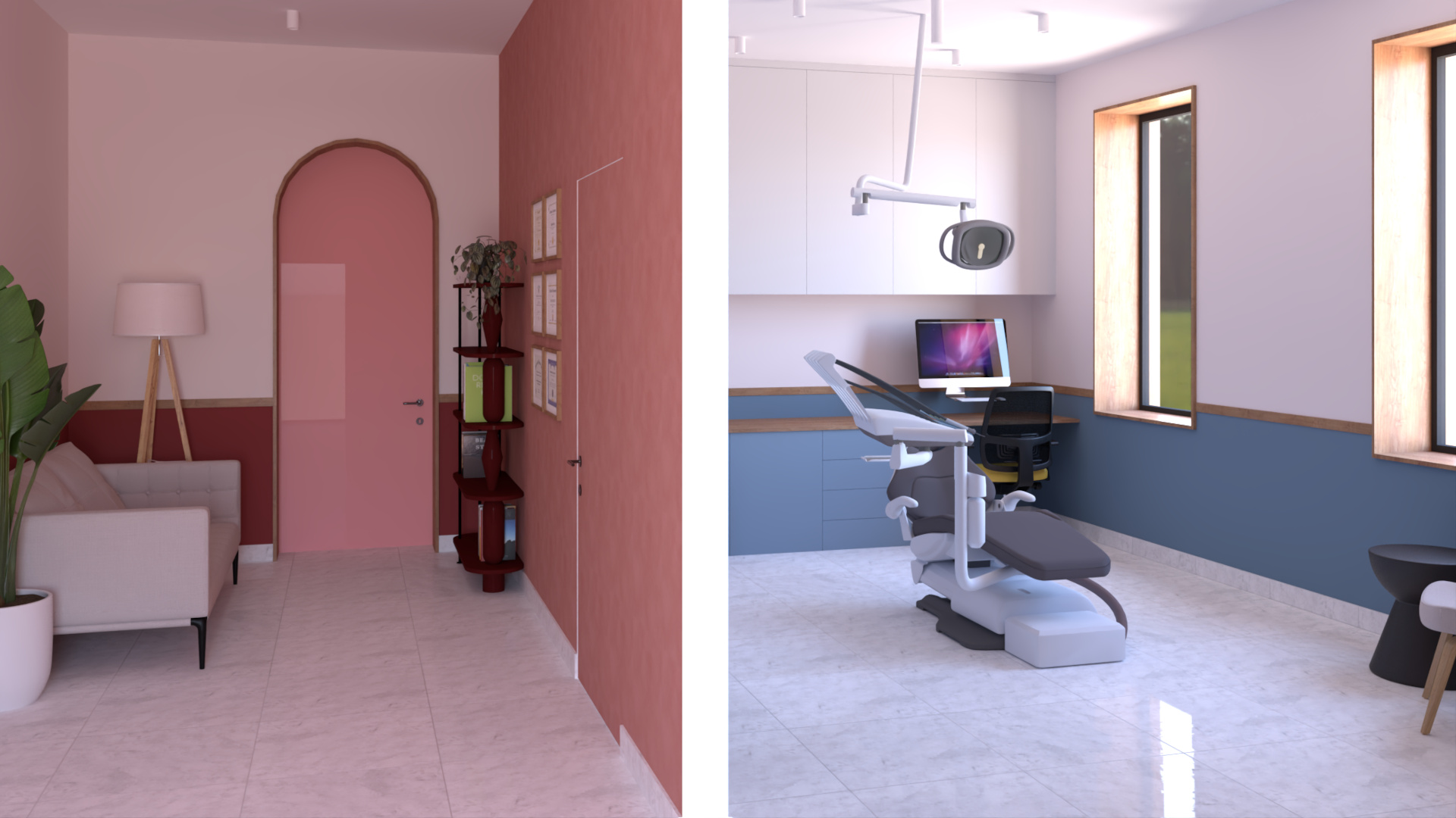 Stylowa kawiarnia w kolorach r&oacute;żu i pistacji, wygodnymi kanapami i zieloną ścianą.