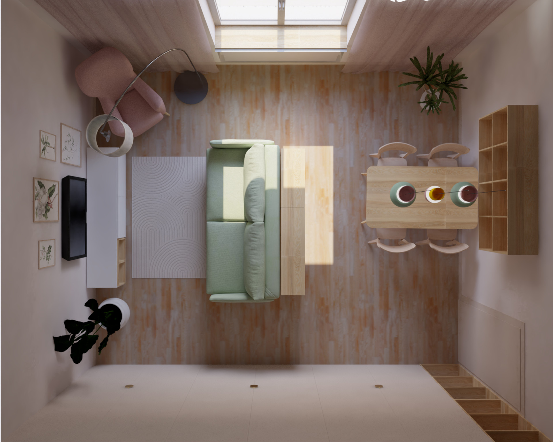 Salon w odcieniach zieleni i r&oacute;żu z wydzieloną częścią telewizyjno-wypoczynkową oraz jadalną, jedna ściana w zabudowie meblowej w kolorze kaszmiru.