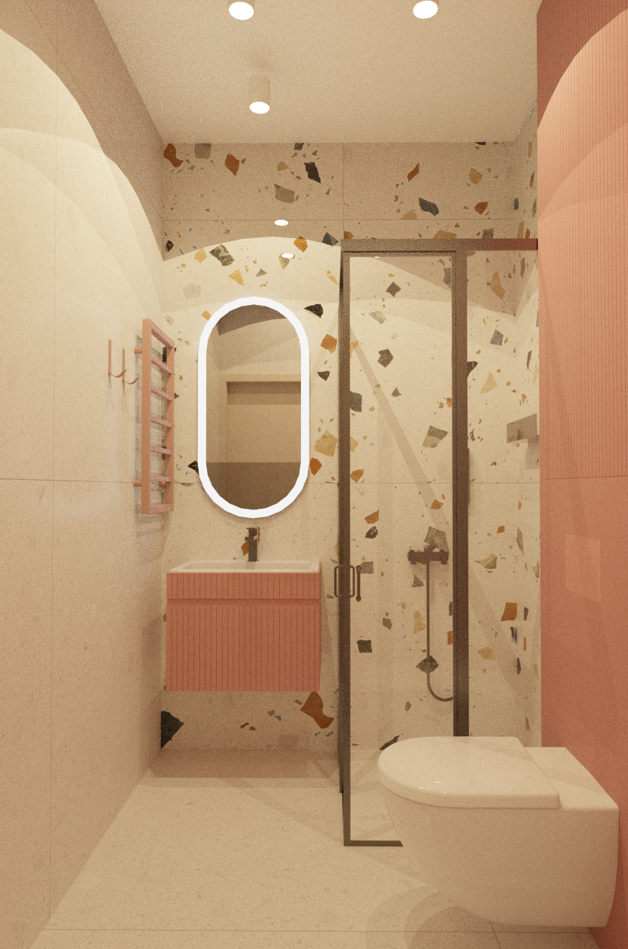 Minimalistyczna łazienka z r&oacute;żową, ryflowaną szafką, owalnym lustrem, ścianą we wz&oacute;r terazzo, r&oacute;żową zabudową geberitu.