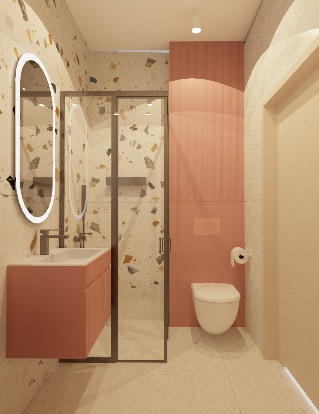 Minimalistyczna łazienka z r&oacute;żową szafką, owalnym lustrem, prysznicem i ścianą we wz&oacute;r terazzo. 