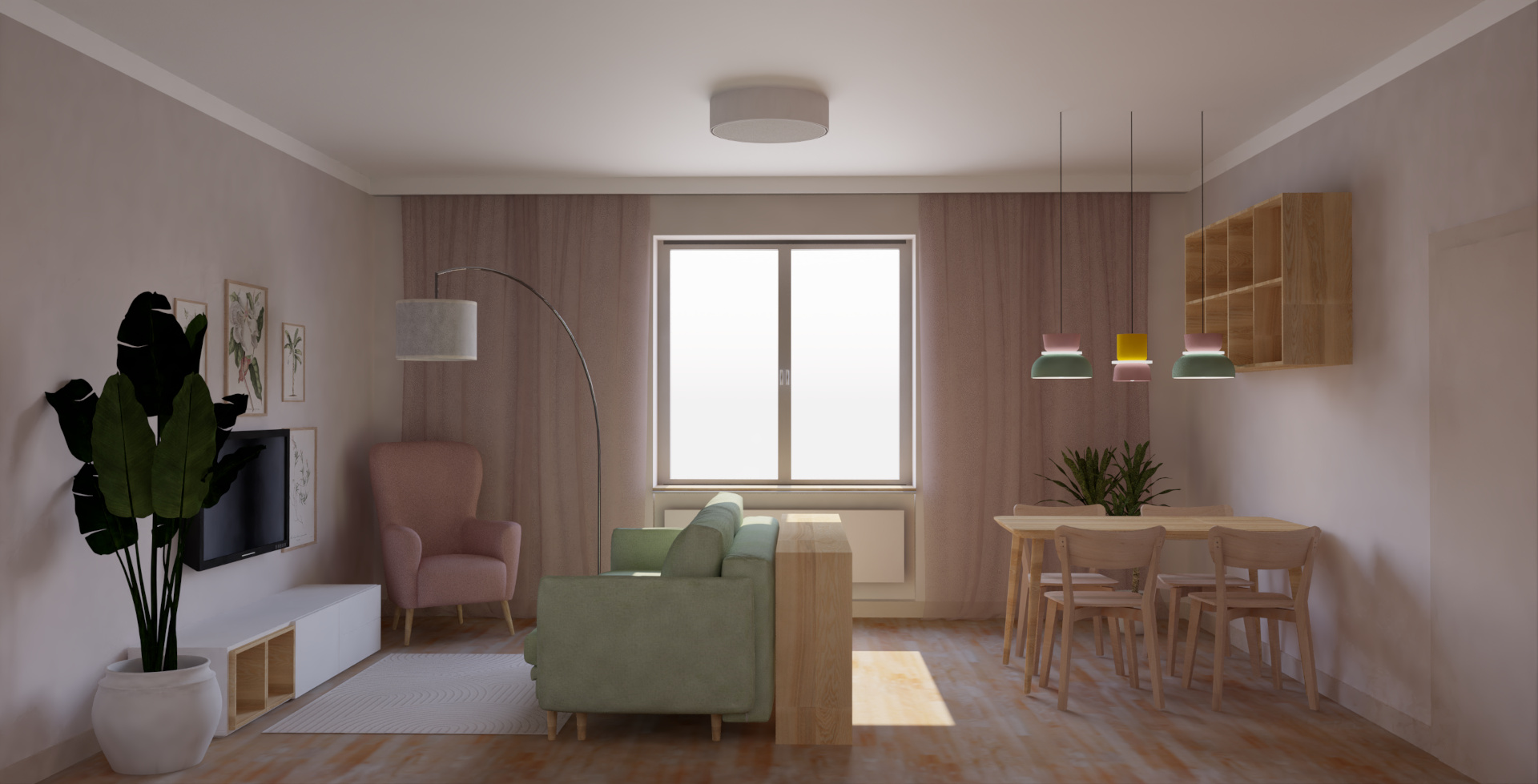 Salon w odcieniach zieleni i r&oacute;żu z sofą, fotelem uszakiem, stołem i kolorowymi lampami