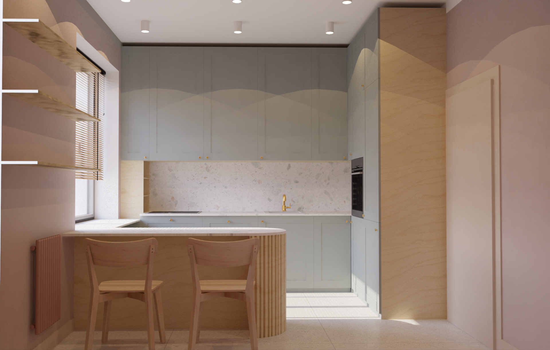 Nowoczesna kuchnia z szałwiowymi szafkami, blatami we wz&oacute;r lastryko, złotym kranem i wyspą z lamelami.