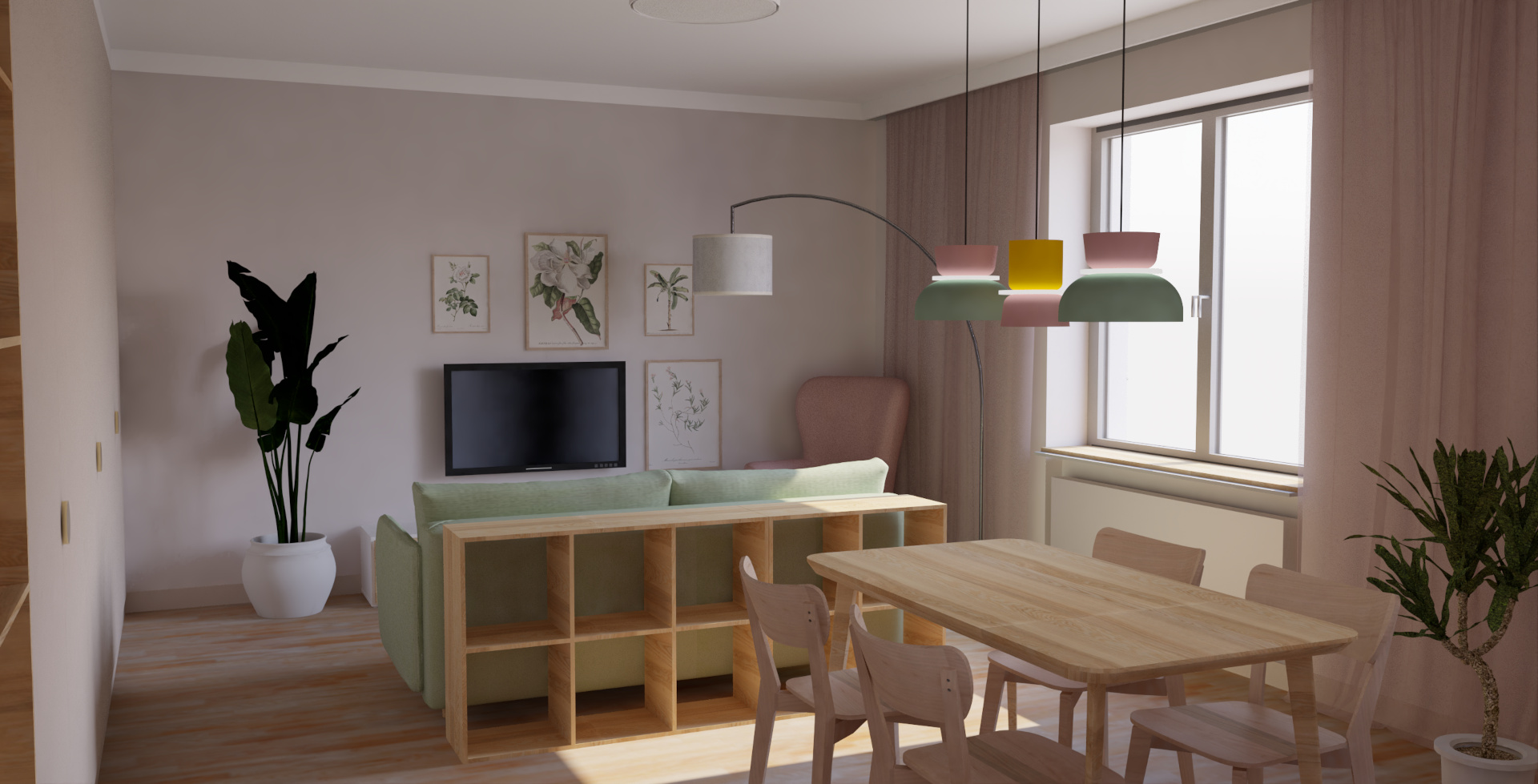 Salon i jadalnia z zieloną sofą, drewnianym stołem, kolorowymi lampami, roślinami i botanicznymi obrazami na ścianach.