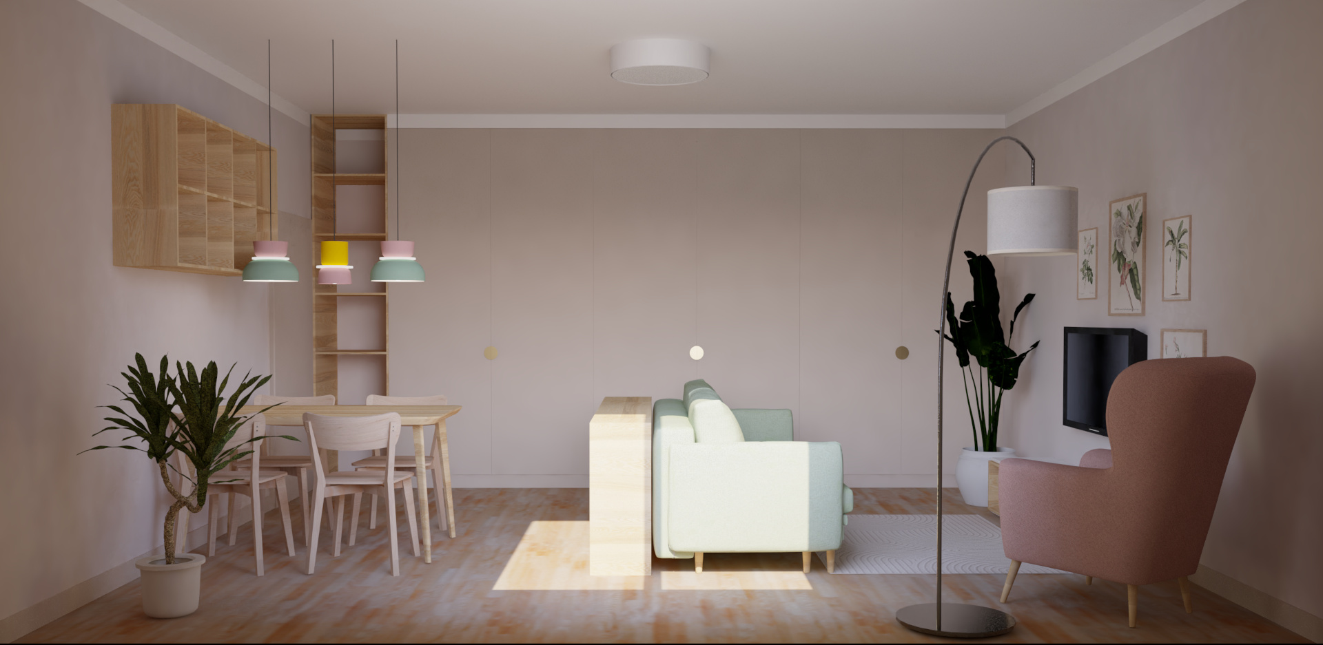 Salon w odcieniach zieleni i r&oacute;żu z sofą, fotelem uszakiem, oraz zabudową w kolorze kaszmiru.